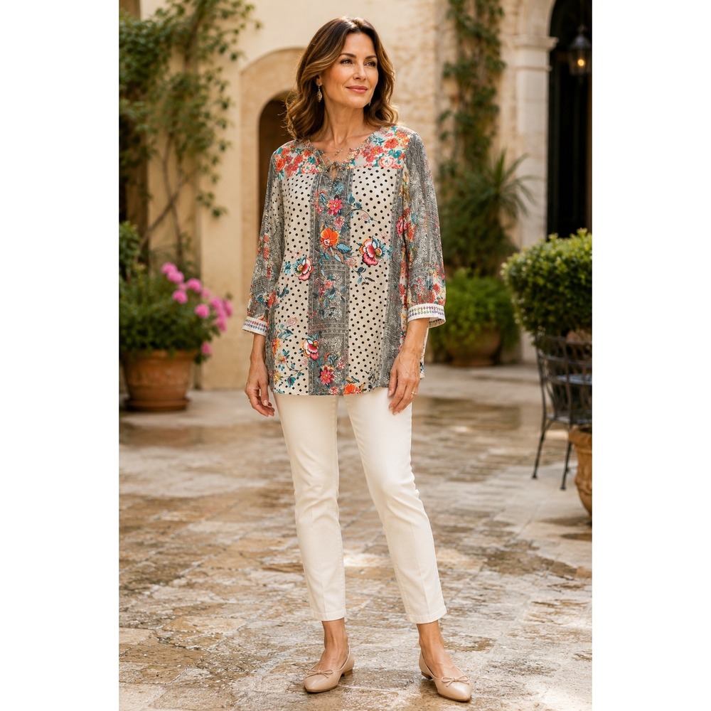 Johnny Was Tunic Blouse Womens Medium Silk Mixed Print Floral Polka Dot Boho